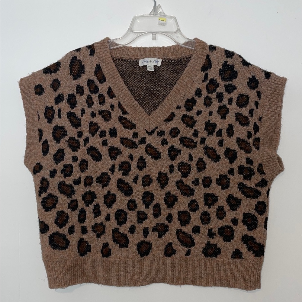 She + Sky Brown Leopard V-Neck Sweater Vest